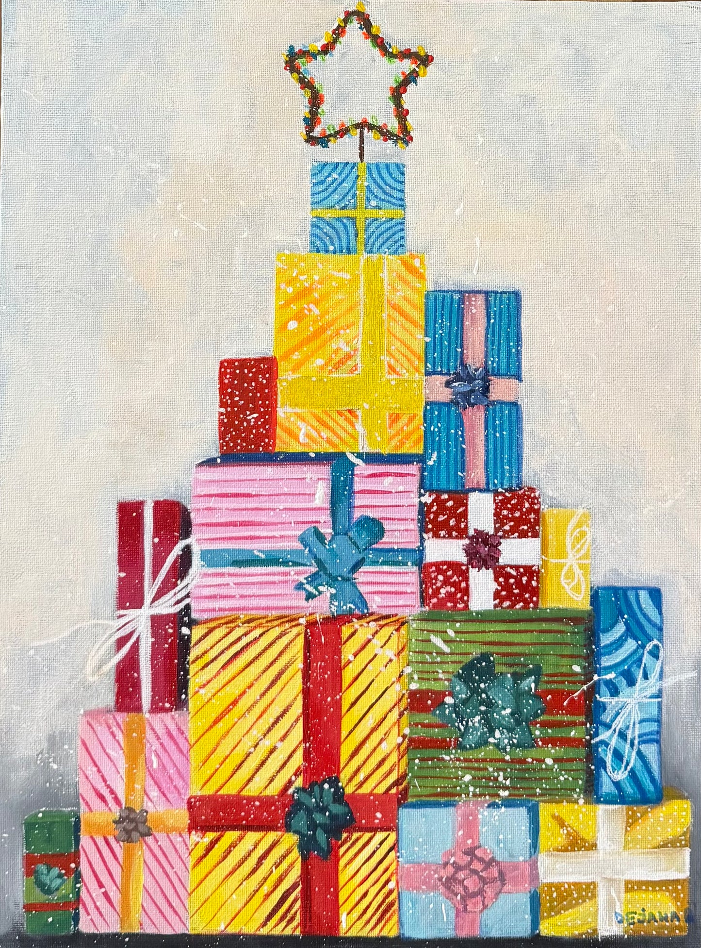Christmas tree made of gifts 40x30 - Original Acrylic Painting by Girl with Wings - Dejana Nežić ( Bačko )